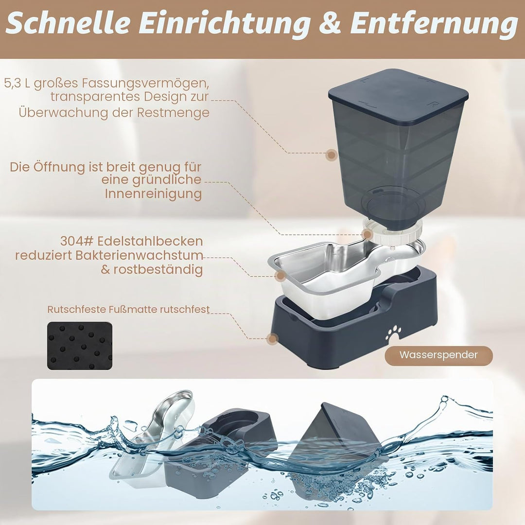 Automatischer Futterspender und Wasserspender für Hunde und Katzen, mit 304 Edelstahlnapf, geeignet