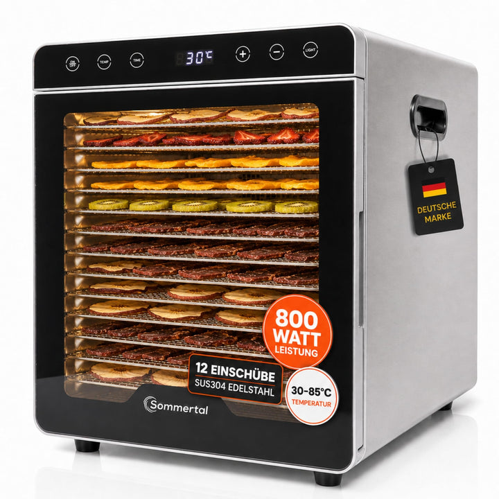 Sommertal Dörrautomat Silence 800 | 12 Edelstahl-Einschübe 800 Watt leise | 24h Timer, 30-85°C, Dehy