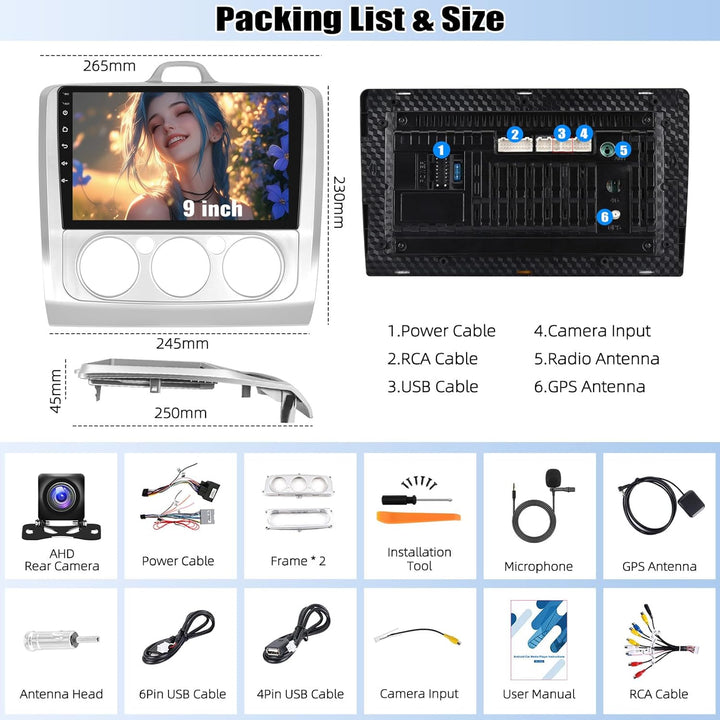 CAMECHO 2+64G 9 Zoll Navi Autoradio für Ford Focus Mk2 2004-2011 Android 13 GPS Bluetooth Radio mit