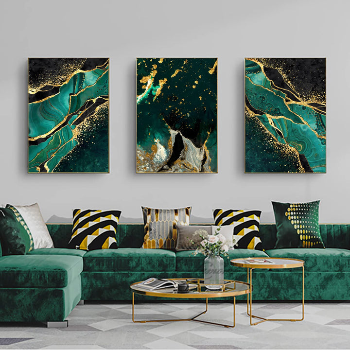 Grün Gold Marmor Leinwand Wandkunst,moderne abstrakte dunkelgrüne Goldfolienlinien, Marmor Poster sm