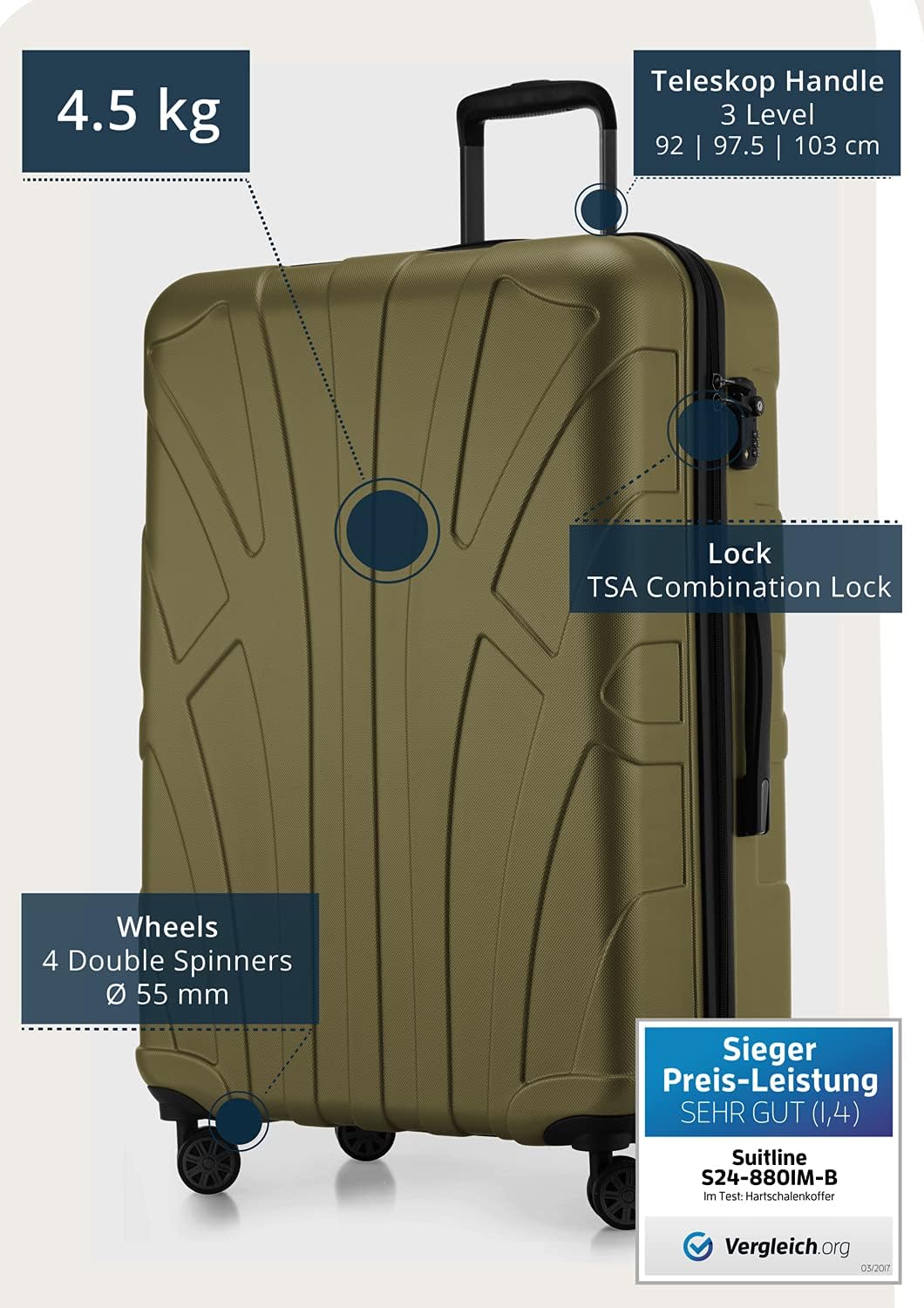suitline grosser Hartschalen-Koffer Koffer Trolley Rollkoffer XL Reisekoffer, TSA, 76 cm, ca. 96-110