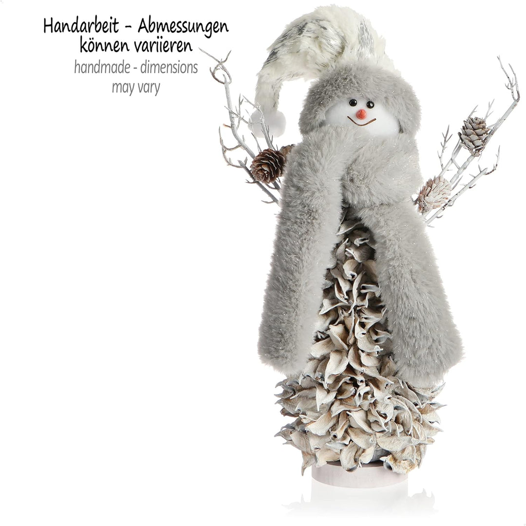 com-four® Schneemannfigur Grösse L Premium, winterliche Dekofigur mit Zapfenkörper aus Blättern, Han