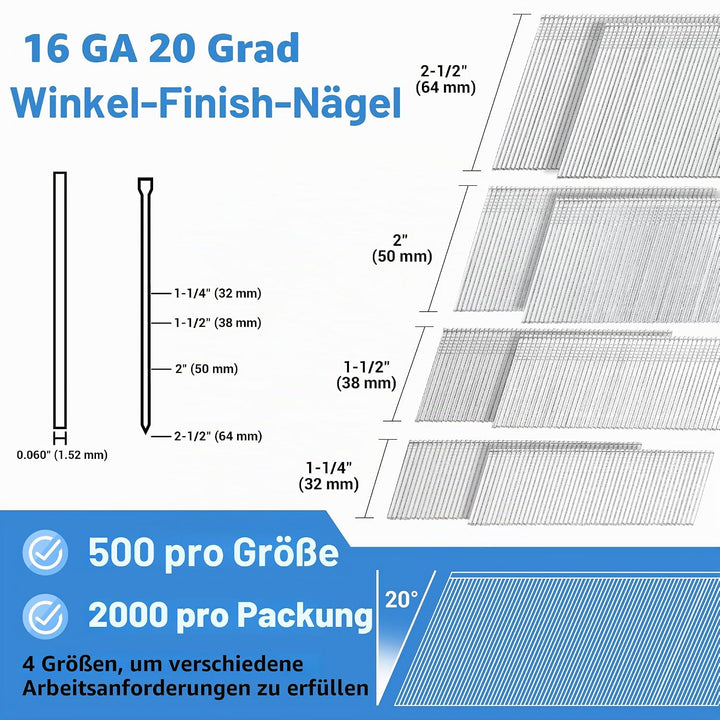 meite 16 Gauge abgewinkelte Nägel, 20 Grad, 2000 Stück (5,1 cm, 5,1 cm, 3,8 cm, 3,8 cm, 500 pro Grös