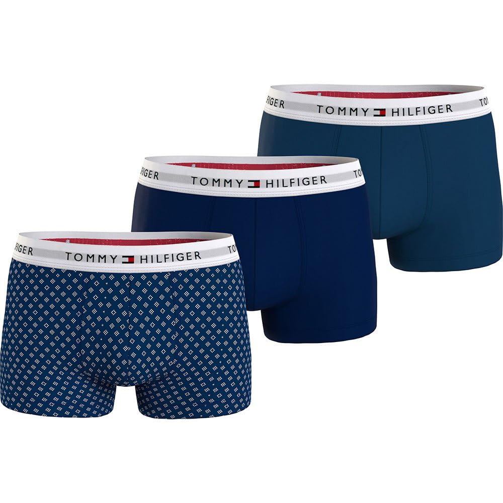 Tommy Hilfiger Herren 3er Pack Boxershorts Trunks Unterwäsche S Weiss (F Polkadot/Dsrt Sky/Deep Indi