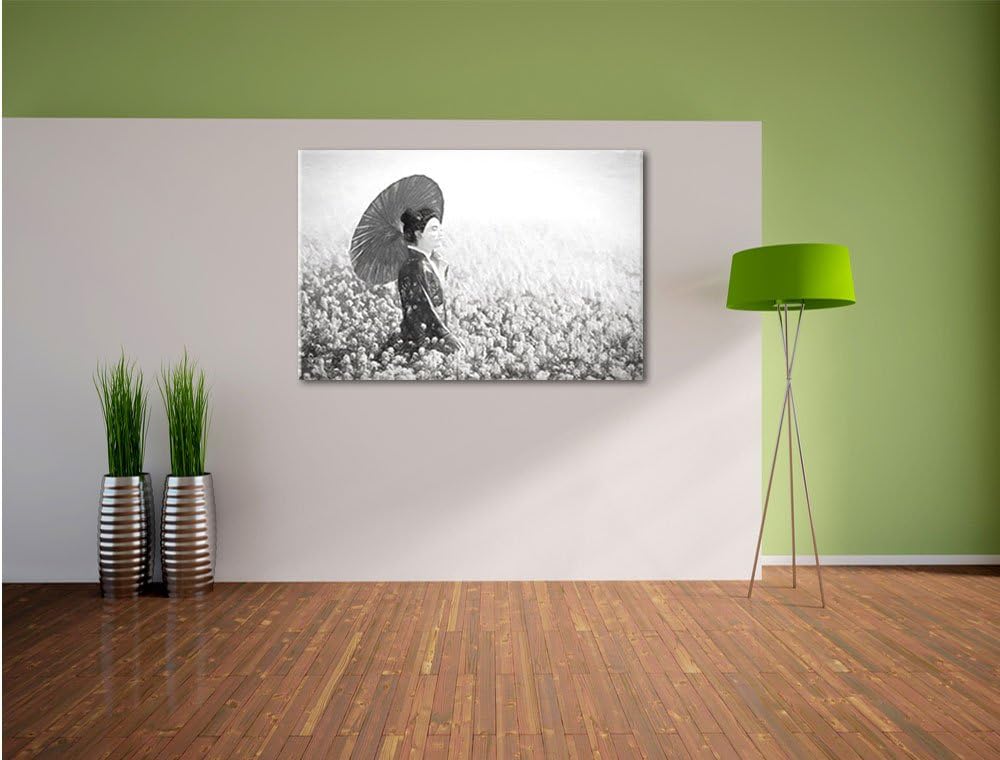 Pixxprint Geisha auf dem Feld Kunst Kohle Effekt, Format: 100x70 auf Leinwand, 100x70