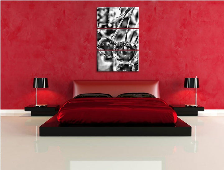 Pixxprint Frische Kirschen am Baum als Leinwandbild/Grösse: 3 Teilig (120x80) cm/Wandbild/Kunstdruck