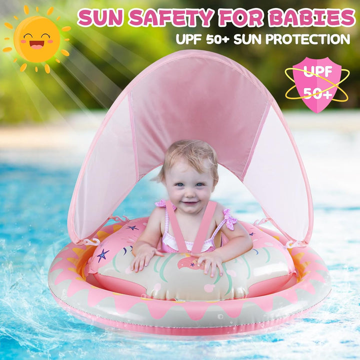 Thedttoy Schwimmring Baby mit Dual Airbag und UPF50+ Sonnendach, Baby Schwimmreifen Verstellbarer Au