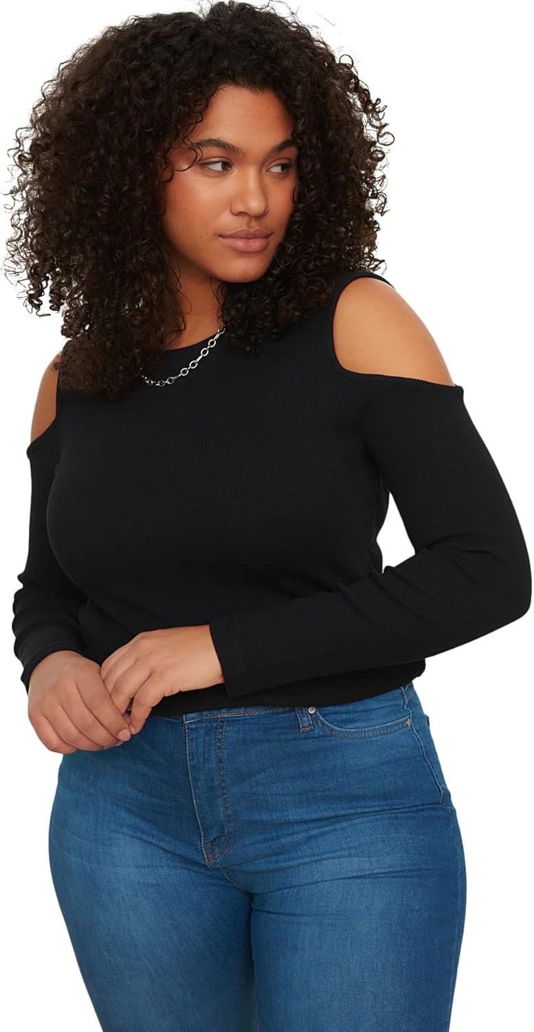 Trendyol Damen Bike Collar Neckline, Detailed Knitted Blouse T Shirt, Schwarz, 3XL Grosse Grössen EU