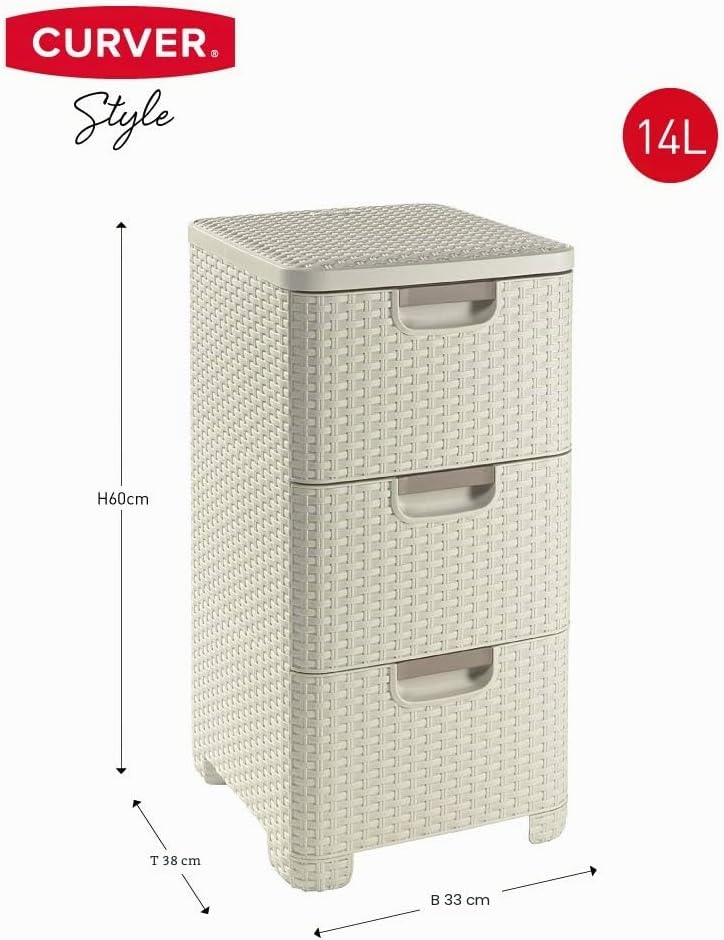 CURVER Rattanoptik 3 x 13,5 Liter Schubladenturm, Plastik, cremig, 33.0x38.0x59.5, Cremig