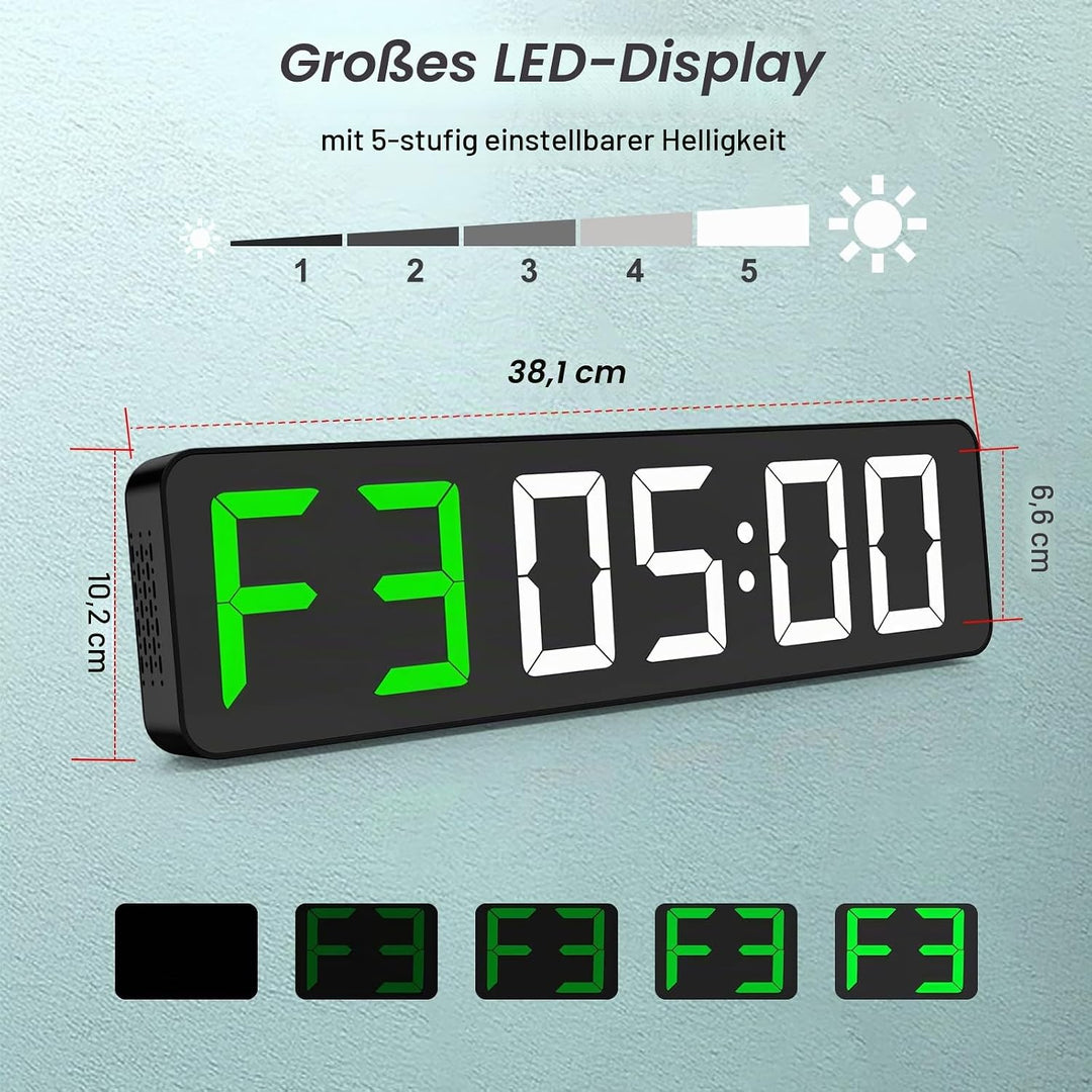 Gym Timer 15" Grosse LED-Anzeige Wanduhr|Intervall-Workout|Countdown &amp; Up|Stoppuhr|12 Einstellbare L