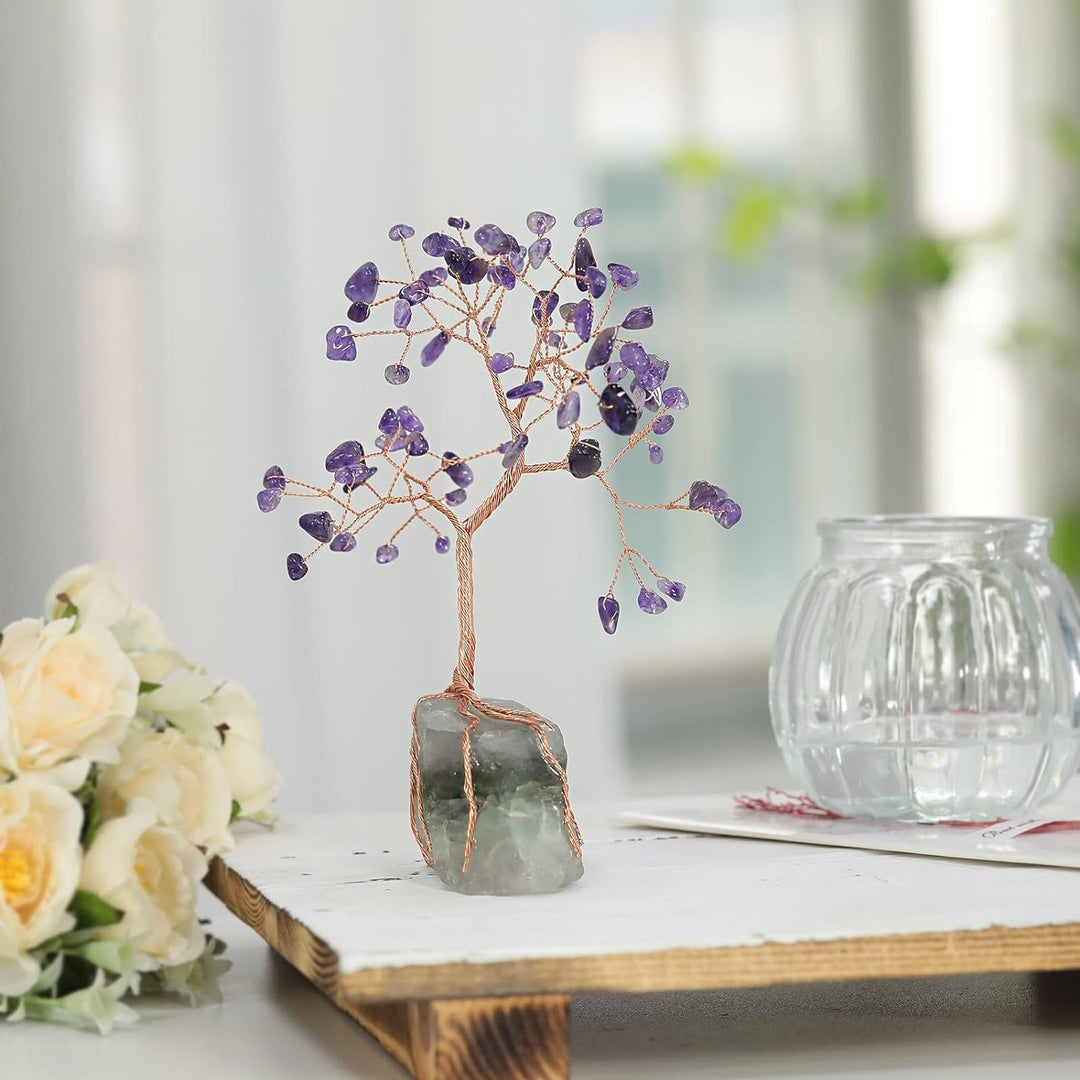 KYEYGWO Amethyst Heilung Kristall Geldbaum auf Natürlichen Fluorite Rohstein Base, Feng Shui Bonsai