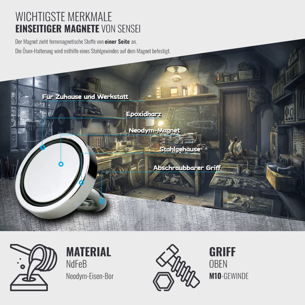 SENSEI Magnet 400 kg, Neodym-Magnet N52 mit Öse oben, Ø9 x H1,8 cm, sehr starker Neodym-Ösenmagnet f
