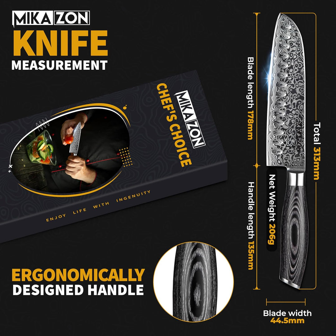 Damast Santoku - Japanisches 17.8 cm Allzweck-Küchenmesser mit 67-lagiger Stahlkonstruktion und Pakk