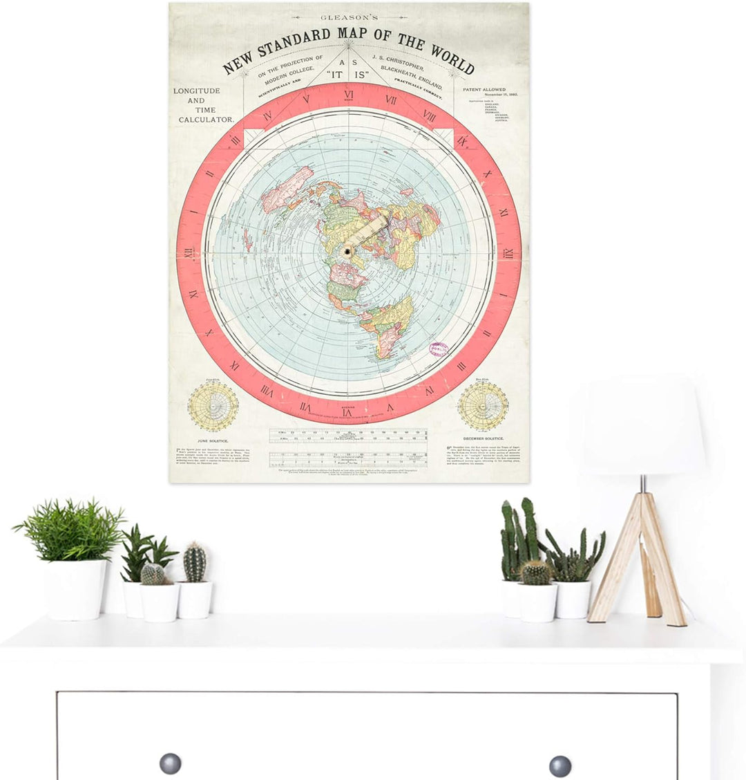 Artery8 Map Gleason 1892 World Time Calculator Flat Earth Large Wall Art Poster Print Thick Paper 18