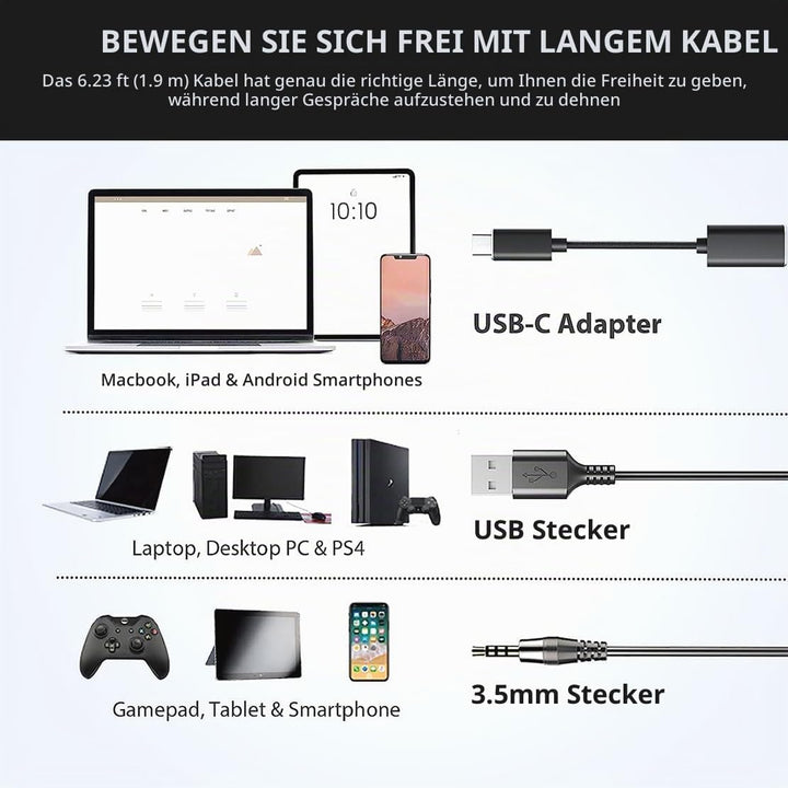 Wantek USB Headset mit mikrofon, USB/3,5-mm PC Kopfhörer mit Lautstärkeregler, Stummschalttaste, Com