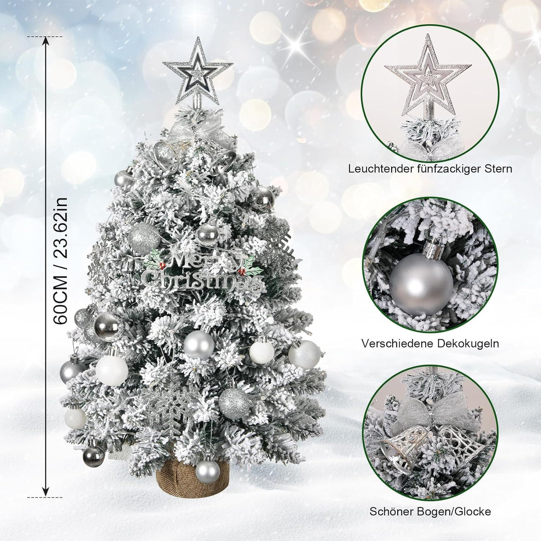 60cm Kleiner Weihnachtsbaum mit Beleuchtung, Silber Weiss Künstlicher Weihnachtsbaum Klein mit LED B