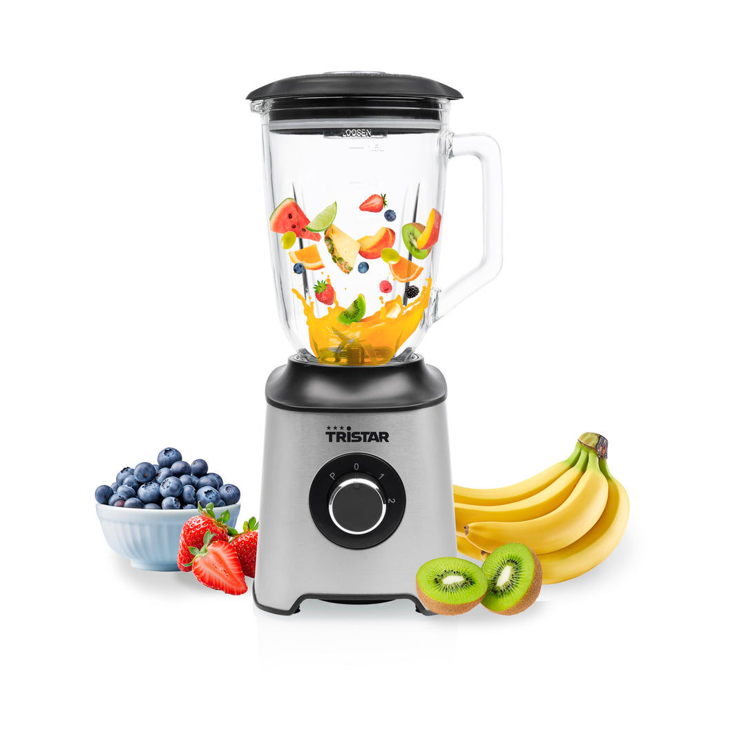 Tristar Standmixer, 1,5 L Glasbehälter, 1000 W Motor, Edelstahlgehäuse, 2 Geschwindigkeitsstufen, Le