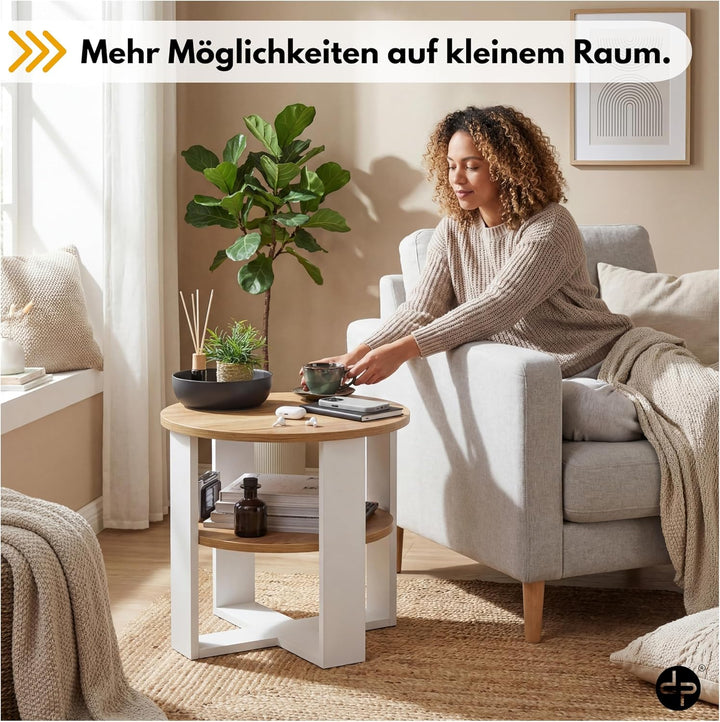 Couchtisch rund Eiche Ø53 cm -Kleiner Beistelltisch mit Ablage - 2 Ebenen, runder moderner Kaffeetis