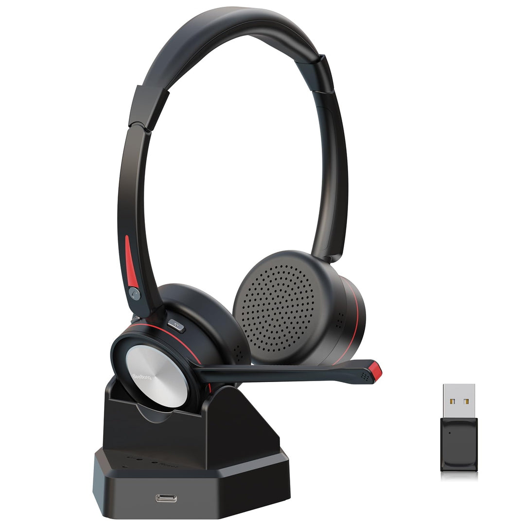 Bluetooth Headset mit Mikrofon für PC, Wireless Headset mit USB Adapter & Ladestation, 40 Stunden Sp