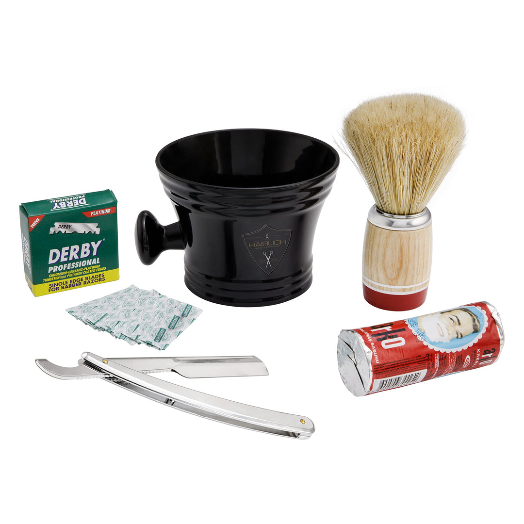 Hairlich Rasierset mit Wechselklingen, Rasierseifenschale aus Plastik mit Griff, Seife und Seifenpin