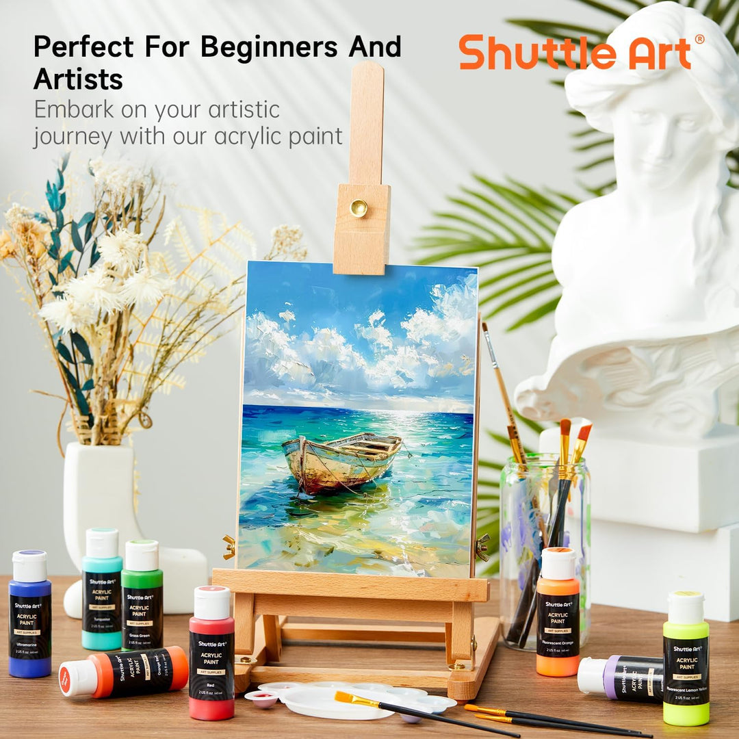 Shuttle Art Acrylfarben Set, 36 Acryl farben in Flaschen (je 60ml) mit 12 Pinselset & 1 Palette, ung