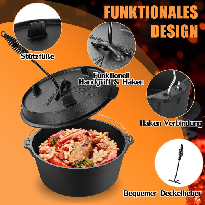 Dutch Oven,Dutch Oven 9 liter, Dutch Oven Double Function,Pre-Seasoned Dutch Oven Set,Gusseisen Dutc