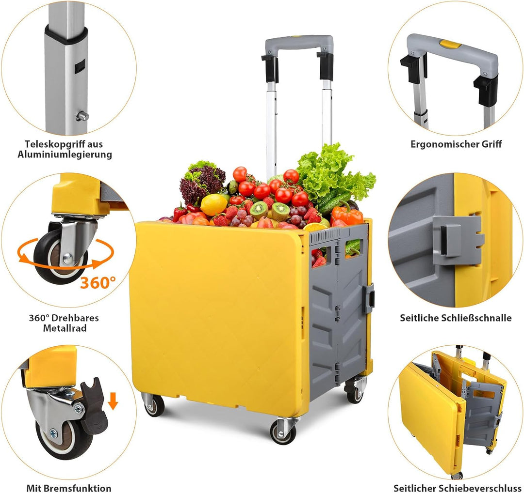 Einkaufstrolley Klappbar, Transport Trolley, bis 50 kg, 50 l Kiste, Einkaufskorb mit Deckel, Auszieh