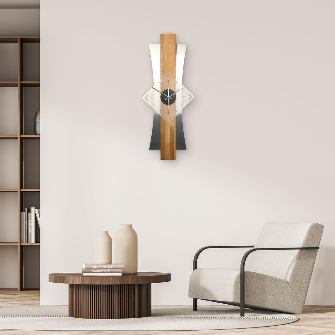 Kreative Feder Designer-WANDUHR aus hochwertigem Eichenholz mit modernem Metallic-Look (Eiche, leise