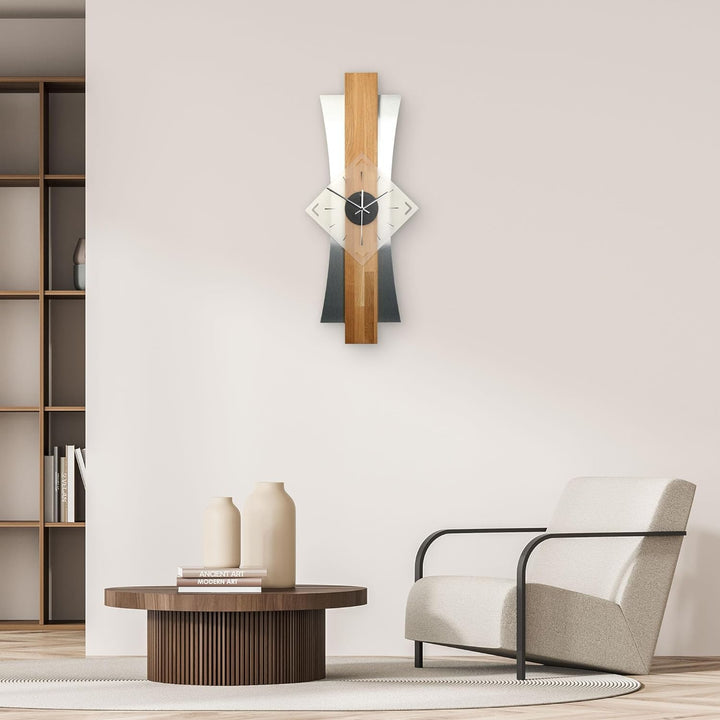 Kreative Feder Designer-WANDUHR aus hochwertigem Eichenholz mit modernem Metallic-Look (Eiche, leise