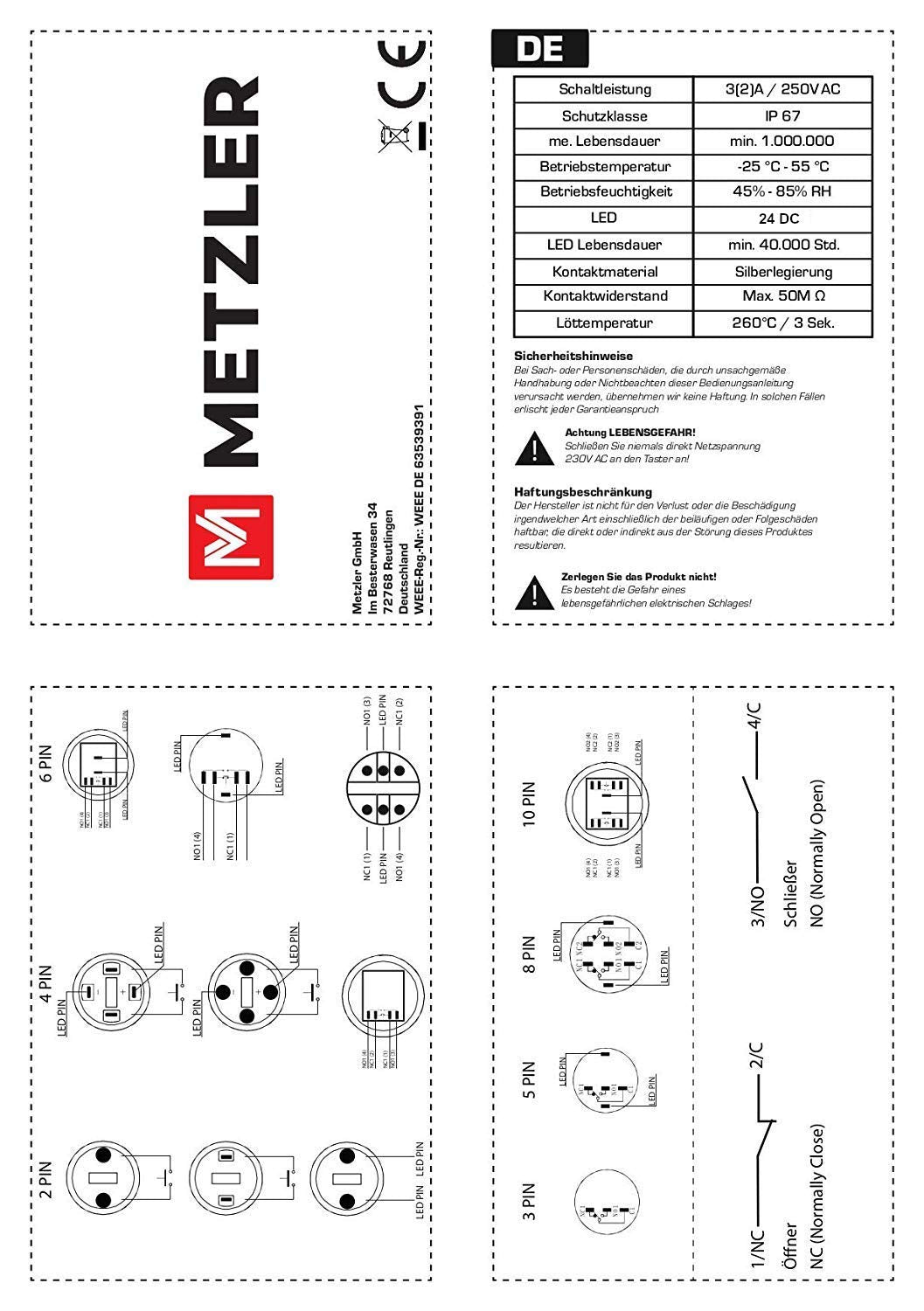 Hervorstehender Drucktaster Edelstahl Ø40mm LED-Ring-Beleuchtung V2A IP67 Tast-Knopf Blau, Blau