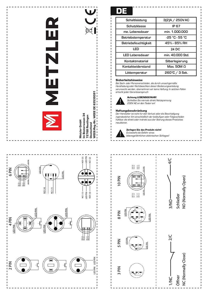 Hervorstehender Drucktaster Edelstahl Ø40mm LED-Ring-Beleuchtung V2A IP67 Tast-Knopf Blau, Blau