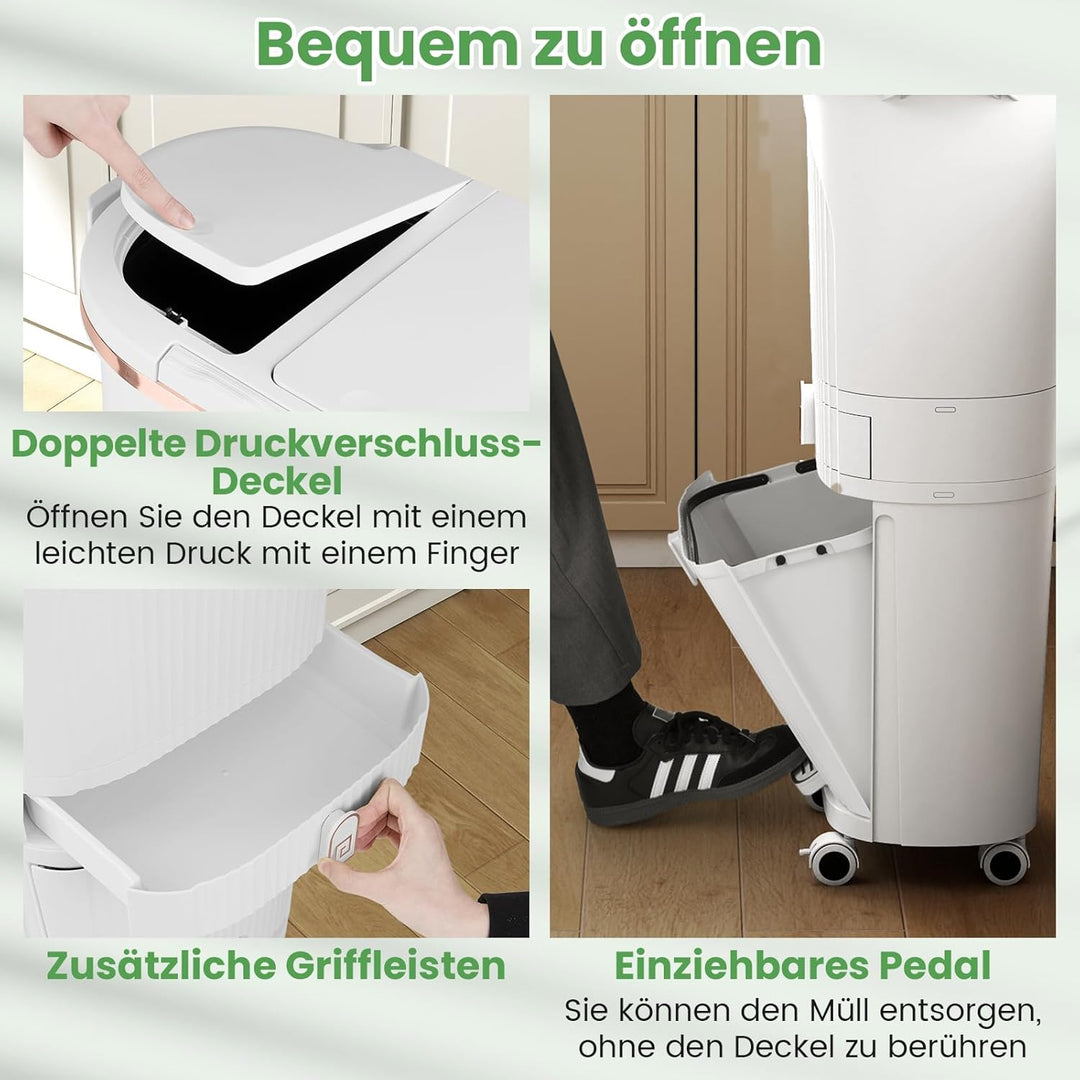 COSTWAY Mülleimer Küche, Mülltrennsystem 3 Fächer, 2 x 12L Inneneimer & 14L Treteimer, Abfalleimer m