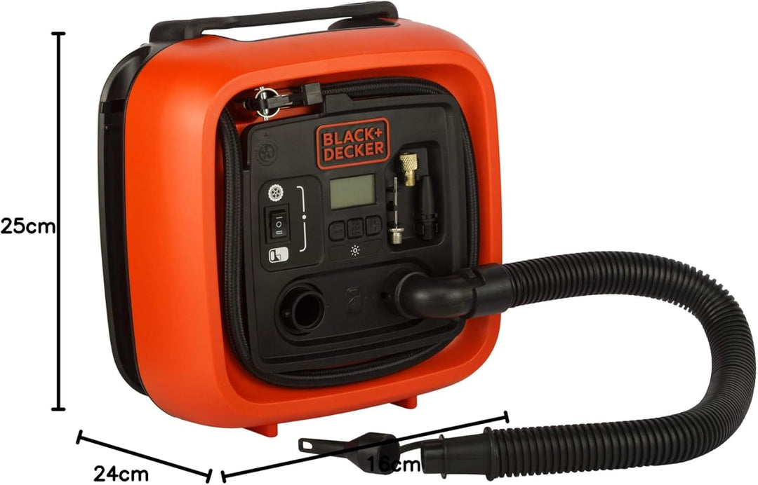 Black+Decker 11.0 Bar/12V-Kompressor/ Luftpumpe (160PSI, für Reifen, Bälle, Rollstühle, Etc., mit 2