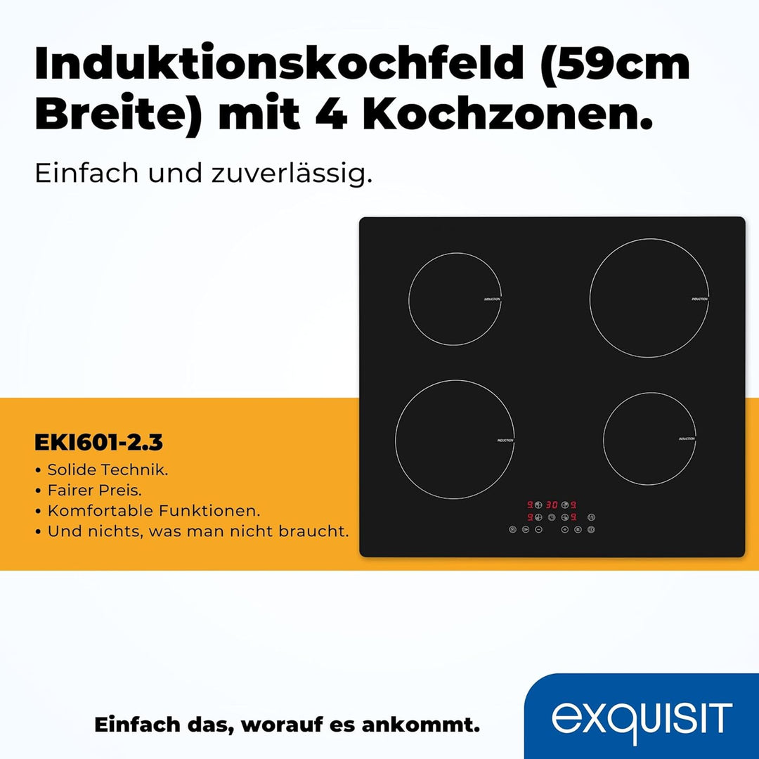 Exquisit Kochfeld EKI 601-2 | Induktion | Touch Control | 4 Kochstellen | Rahmenlos | 7000 W