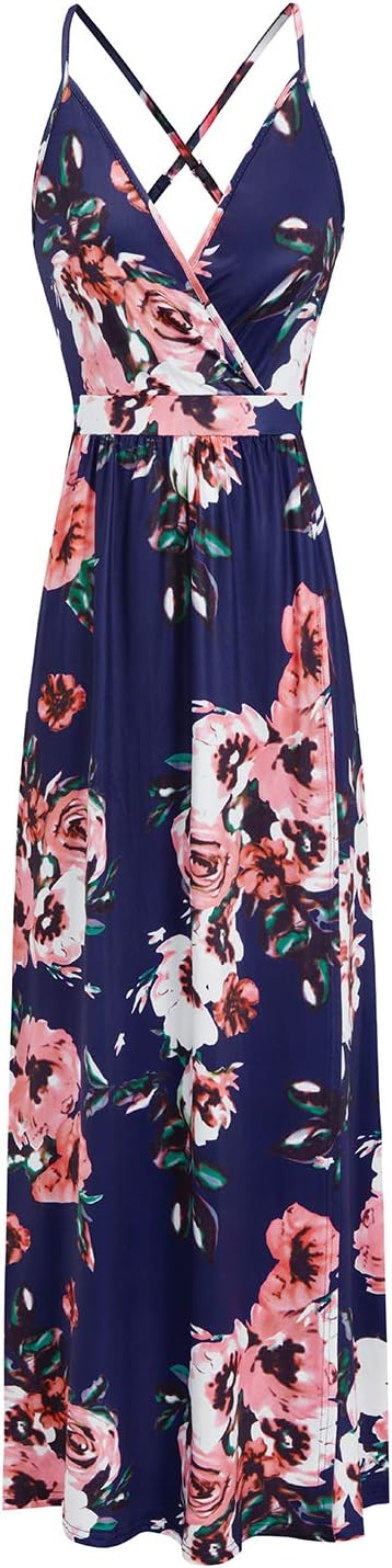 OUGES Damen Sommerkleid V-Ausschnitt Maxikleid Rückenfreies High Waist Spaghetti Strap Freizeitkleid