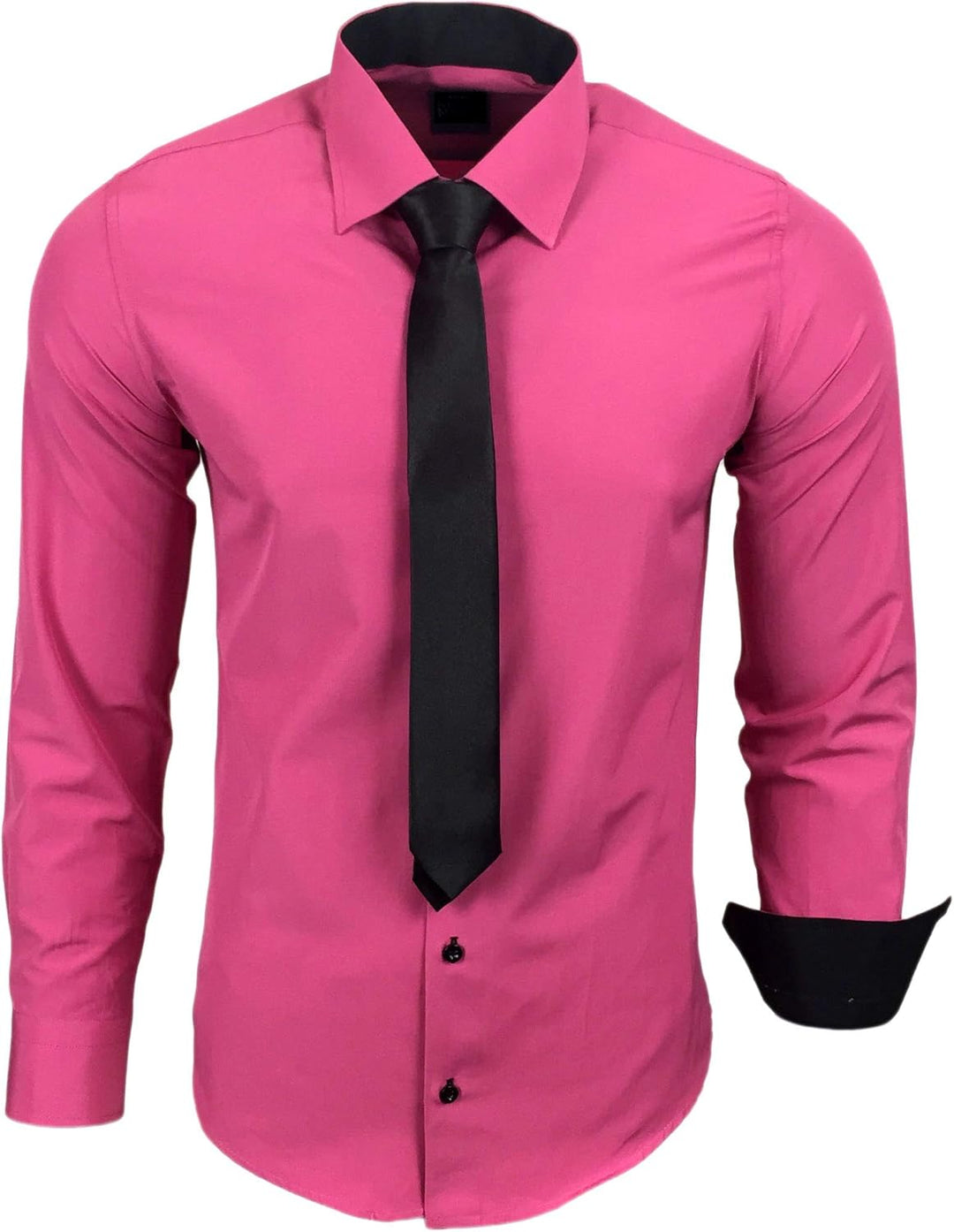 Baxboy 444-BK Herren Kontrast Hemd Business Hemden mit Krawatte Hochzeit Freizeit Fit L Rosa, L Rosa