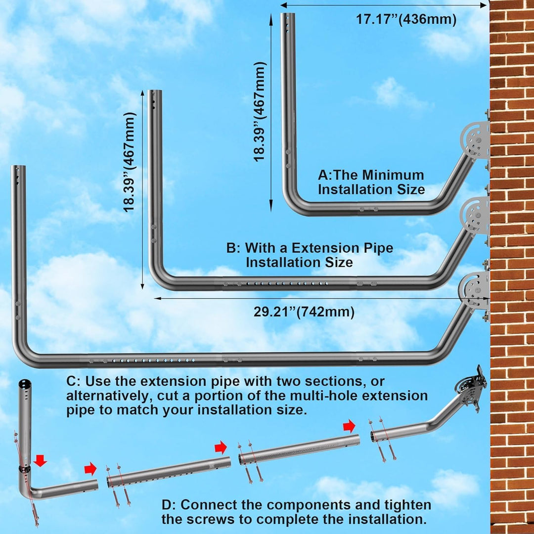 Langer Wand-Antennenhalter - Langer Dachrinnenstab mit 90° Winkel, Verlängerungsrohr, Verbindungsada