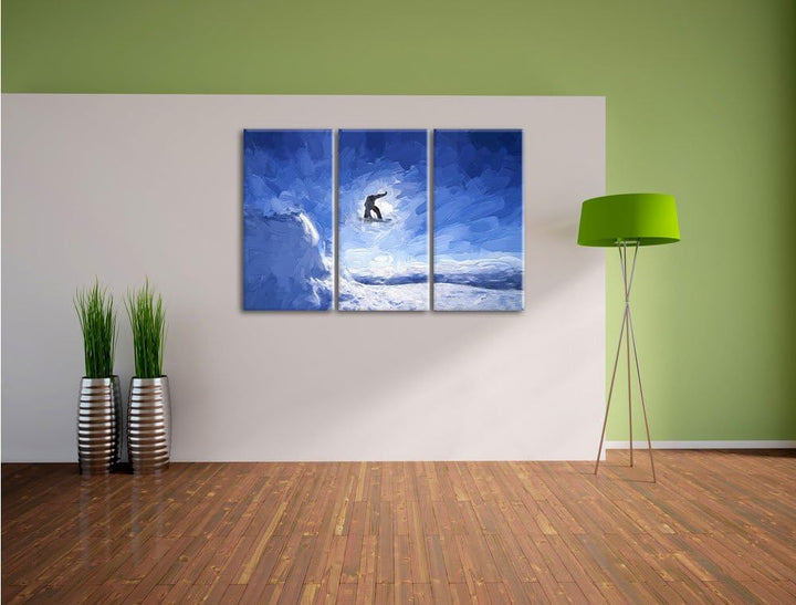 Pixxprint Snowboard Sprung, Extremsport Pinsel Effekt 3-Teiler Leinwandbild 120x80 Bild auf Leinwand