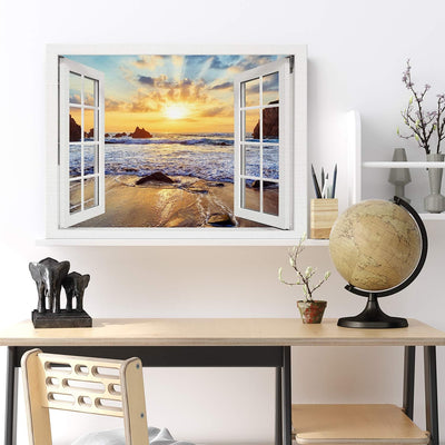 PICANOVA – Bild auf Leinwand Felsiger Strand Sonnenuntergang Fenster 80x60cm – Leinwandbild – Premiu