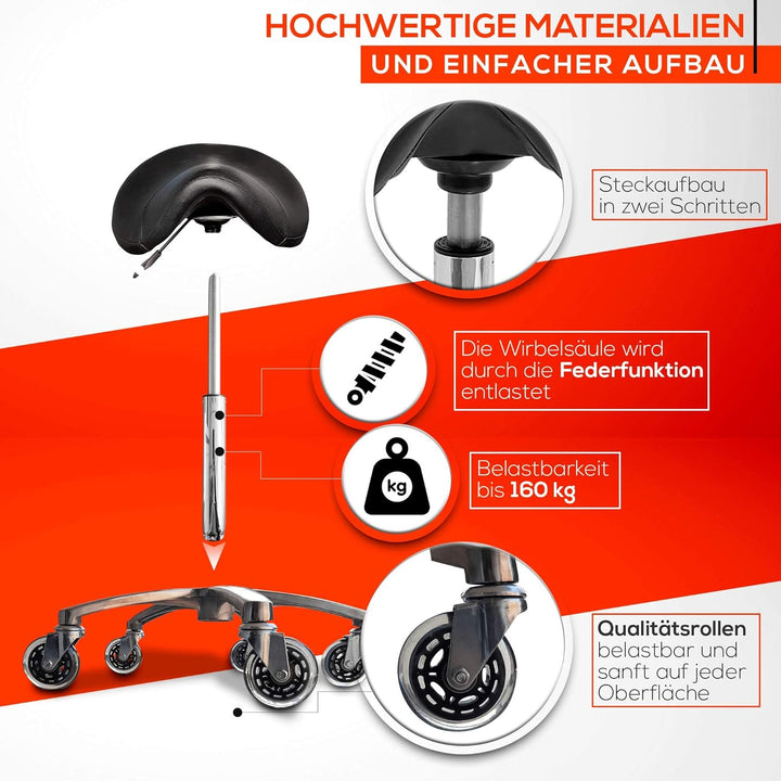 Sattelsitz Rollhocker höhenverstellbar von 55-75 cm auf Premiumrollen, Drehhocker, Rollhocker, Praxi