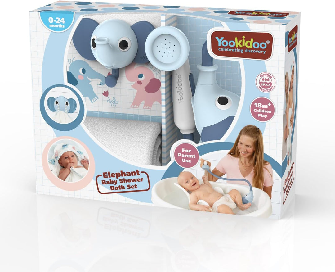 Yookidoo Duschkopf für Baby-Badewanne, Elefanten-Wasserpumpe mit Stammauslauf und Spüler, kontrollie