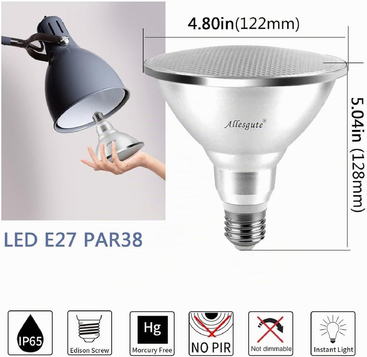 Allesgute 15W PAR38 LED E27 Strahler Spot Birne Lampe Reflektor Leuchtmittel IP65 Wasserdicht 230V W