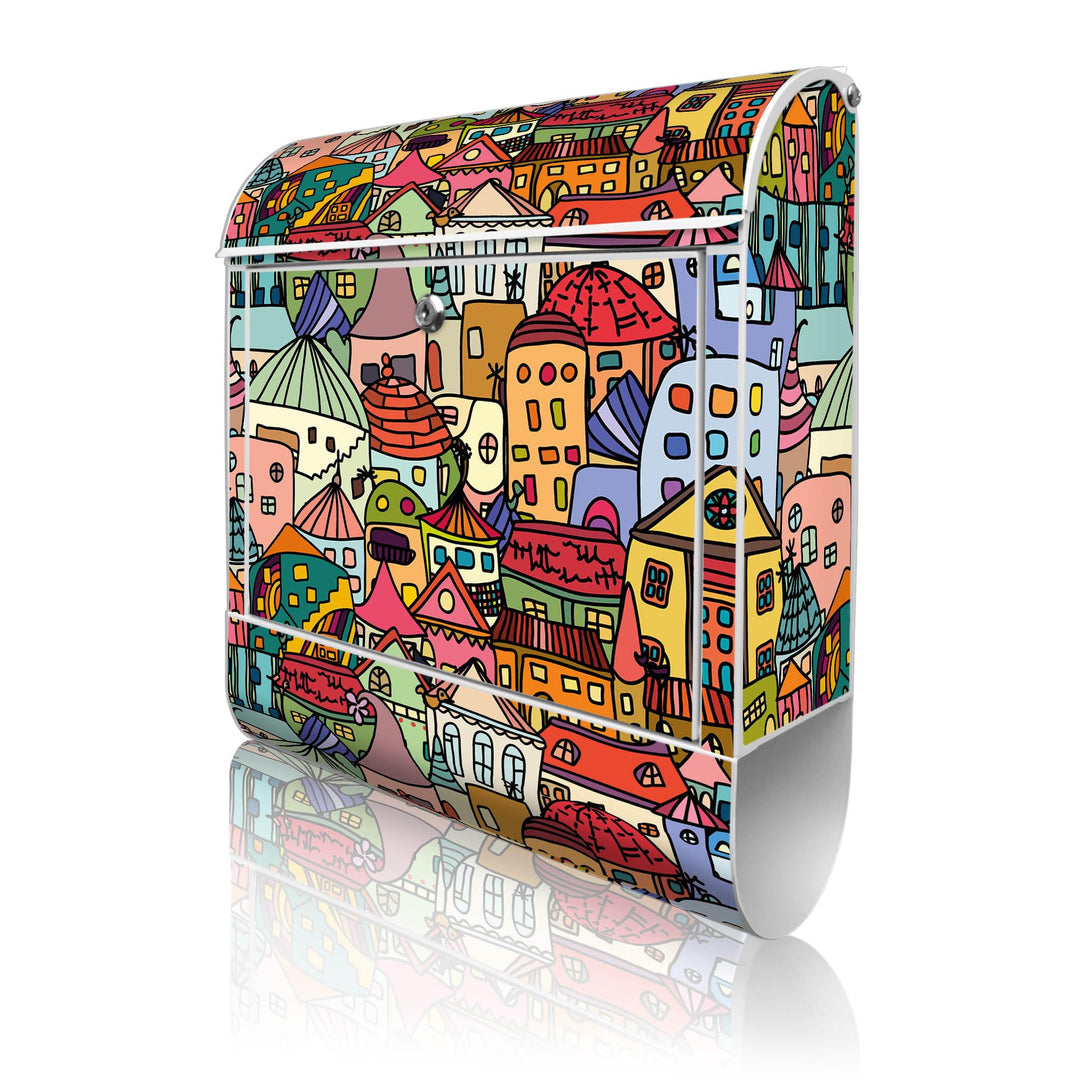 banjado® Design Briefkasten mit Motiv Funky Town 39x47x14cm &amp; 2 Schlüssel - Briefkasten Stahl weiss