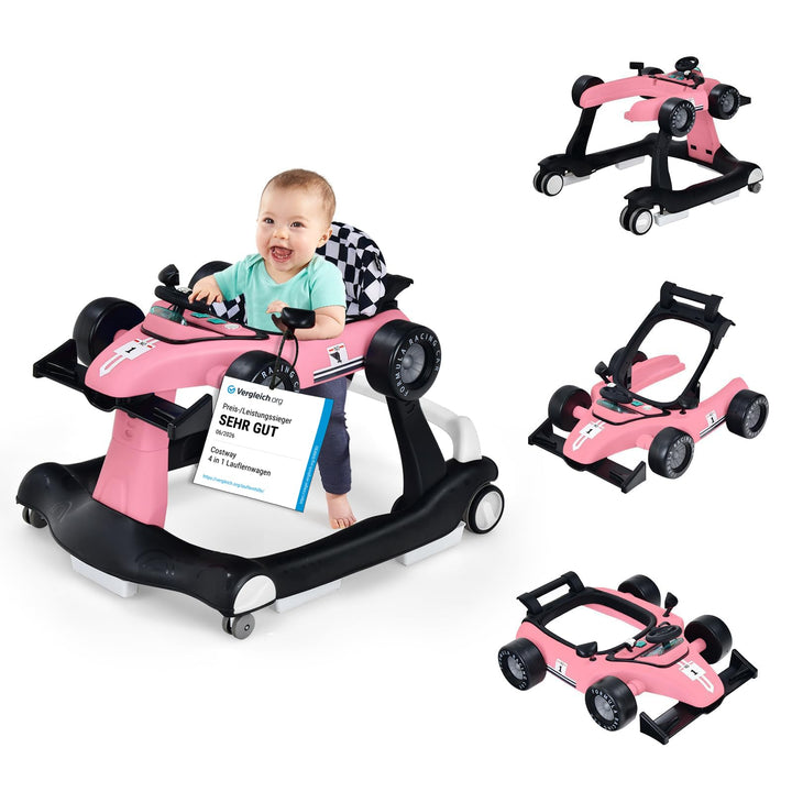 COSTWAY 4 in 1 Lauflernhilfe, Lauflernwagen klappbar mit einstellbarer Höhe & Geschwindigkeit, Baby