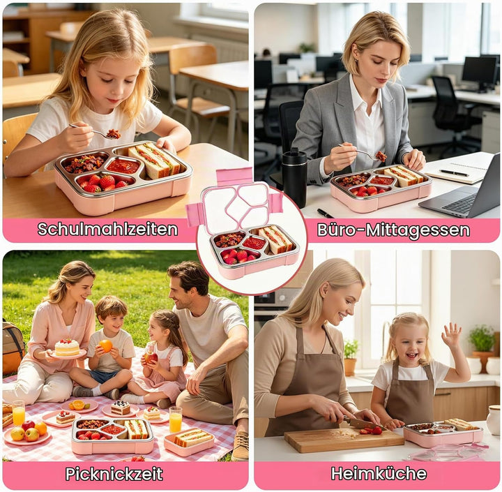 Edelstahl Brotdose Kinder,1020ml Metall Bento Lunchbox mit 4 Fächern Auslaufsichere Brotbox Kinderga