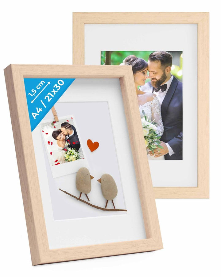 PHOTOLINI 3D Bilderrahmen zum Befüllen 21x30 A4 Natur, 1,5 cm tiefer Objektrahmen mit Glas, 2X tiefe