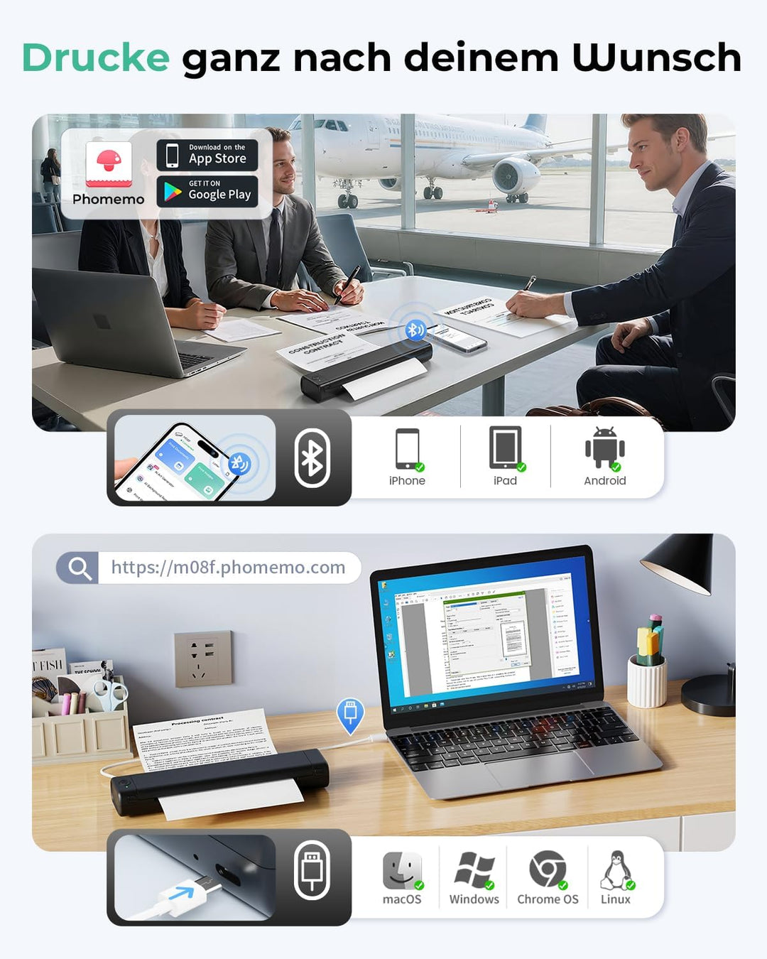 Phomemo M08F Mobiler Drucker A4 für Unterwegs Thermodrucker - Tragbarer Bluetooth Drucker für Den He