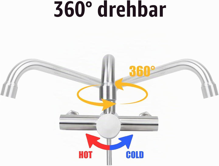 Wasserhahn Wandmontage 360° Drehbar Küche Spültischarmatur Kalt und Heiss Einhebelmischer Mischbatte