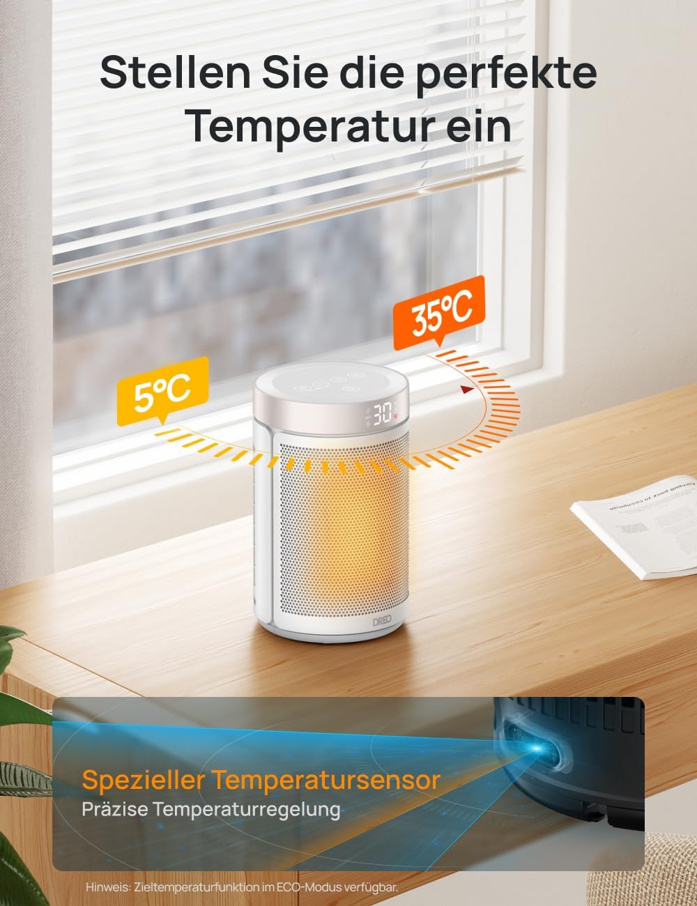Dreo Energiesparender Heizlüfter, 34 dB Leiser 1500W Elektrischer PTC Keramik, Thermostat, 3 Modus 3