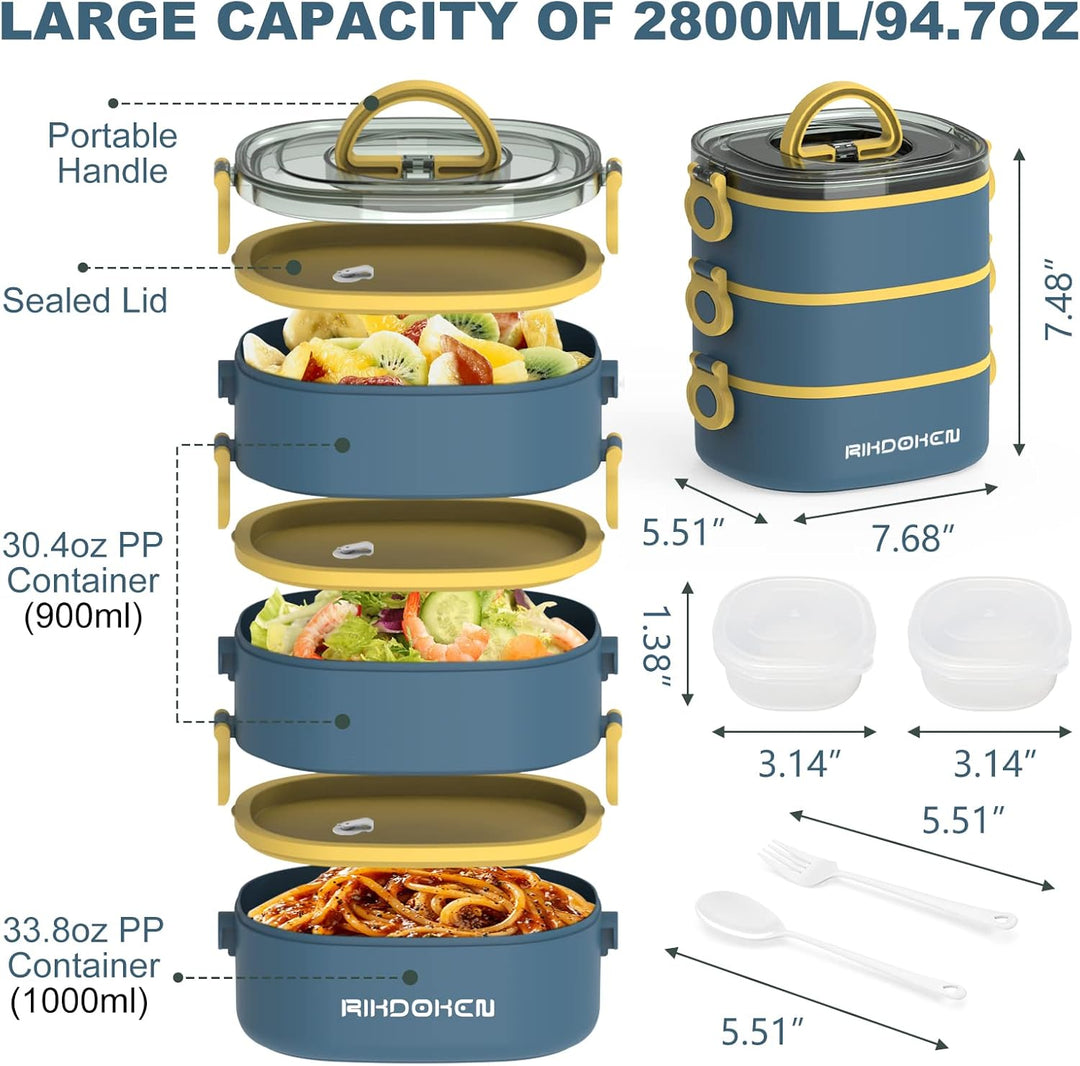 RIKDOKEN Bento Box Lunchbox, stapelbare 3-lagige Behälter, tragbare 2.6 l grosse Kapazität, auslaufs